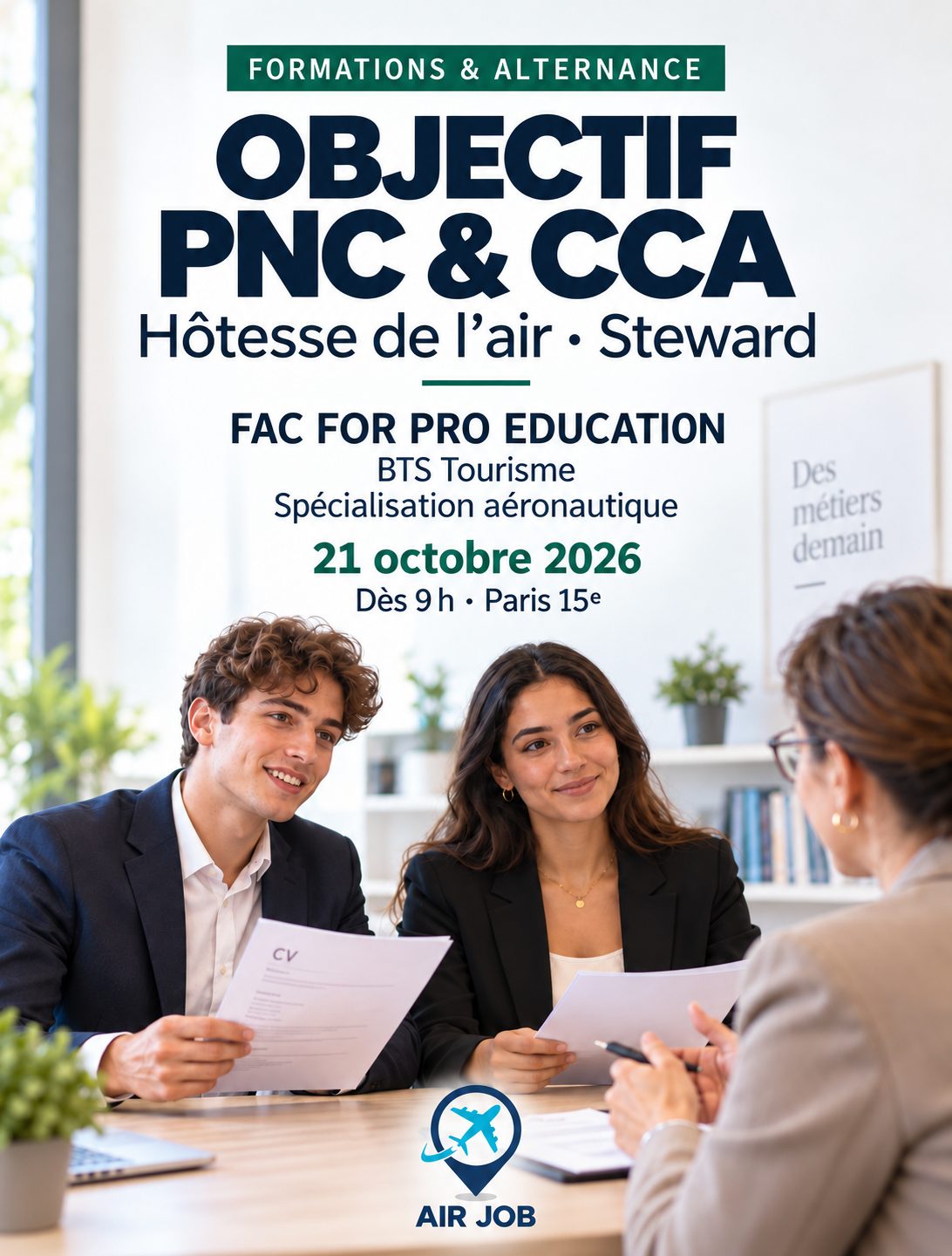 Objectif PNC et CCA : session d'admission FAC FOR PRO le 21 octobre 2026 dès 9 h à Paris 15e, parcours BTS Tourisme avec spécialisation aéronautique.